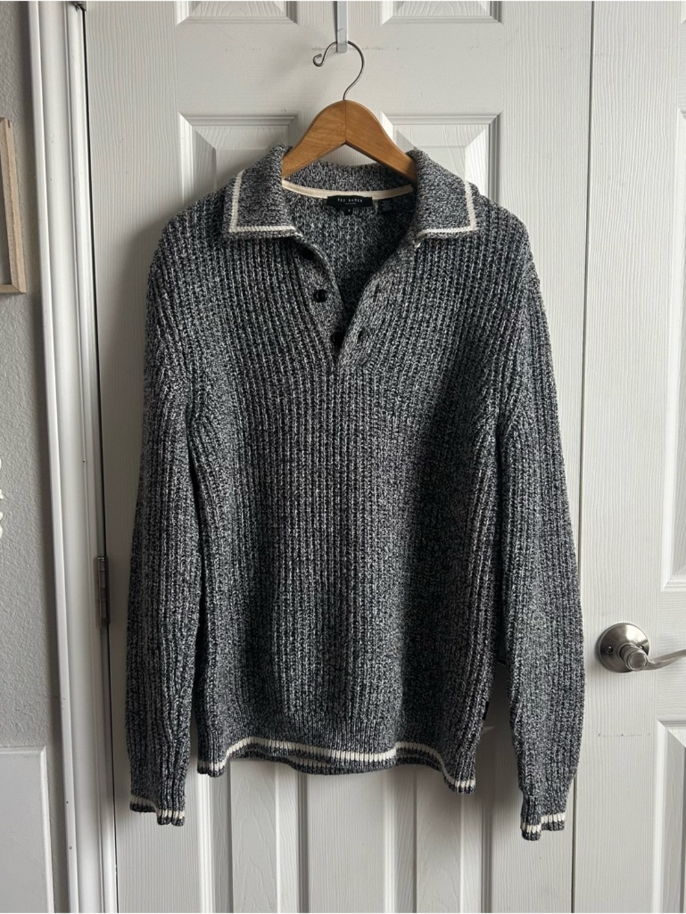 Ted Baker grey white ribbed collared quarter button pullover sweater cabincore